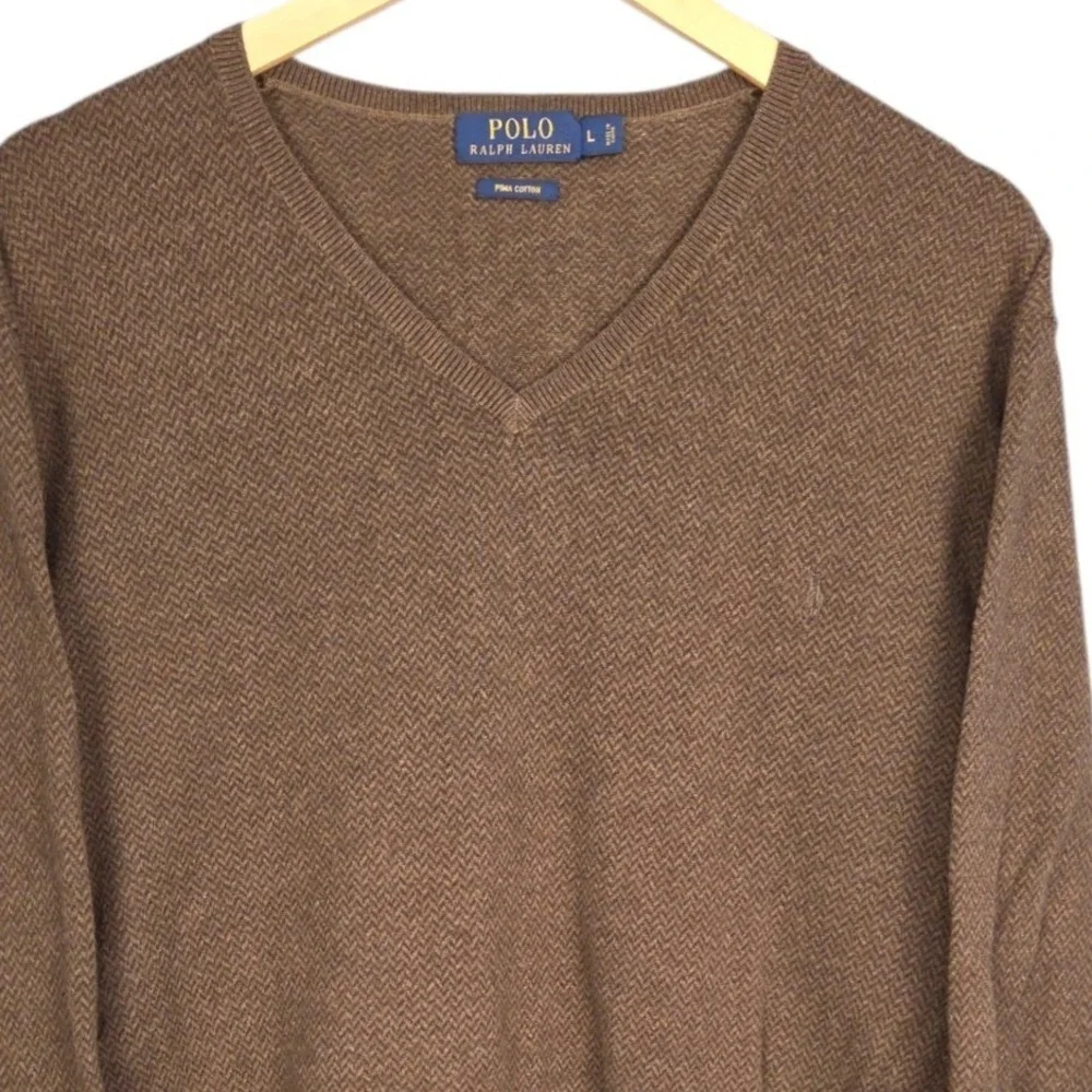 Polo Ralph Lauren Sweater Mens Large‎ Brown V-Neck Pima Cotton Herringbone Knit